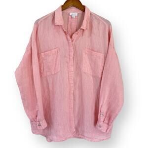 J Jill Love Linen Shirt Size L Button Up Long Sleeve Peach Pink Relaxed Pockets